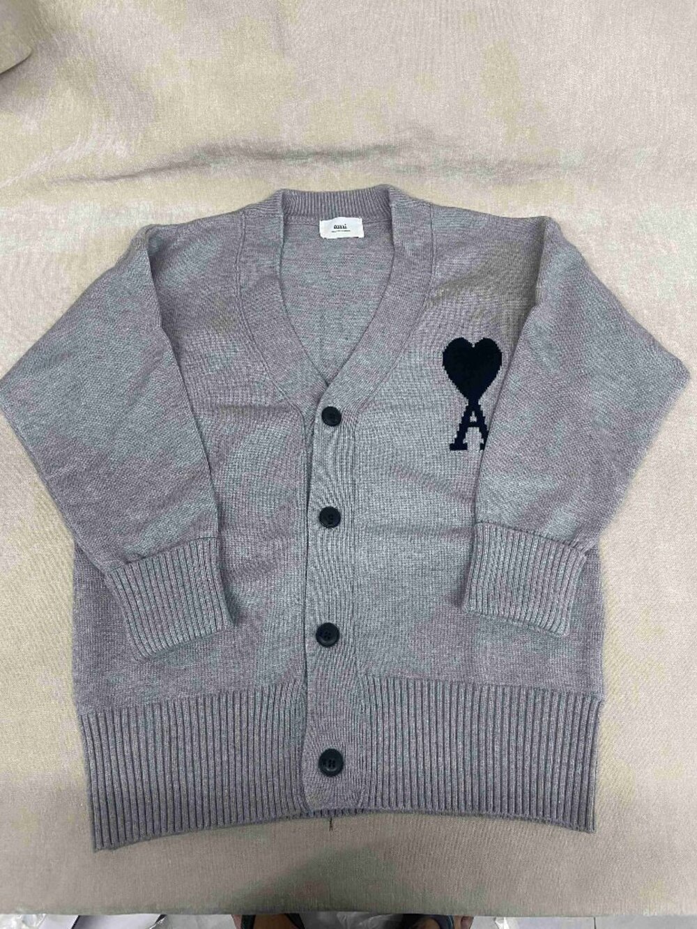 AMI Paris Grey V‑Neck Cardigan Black Heart A Logo Embroidered Knit Sweater